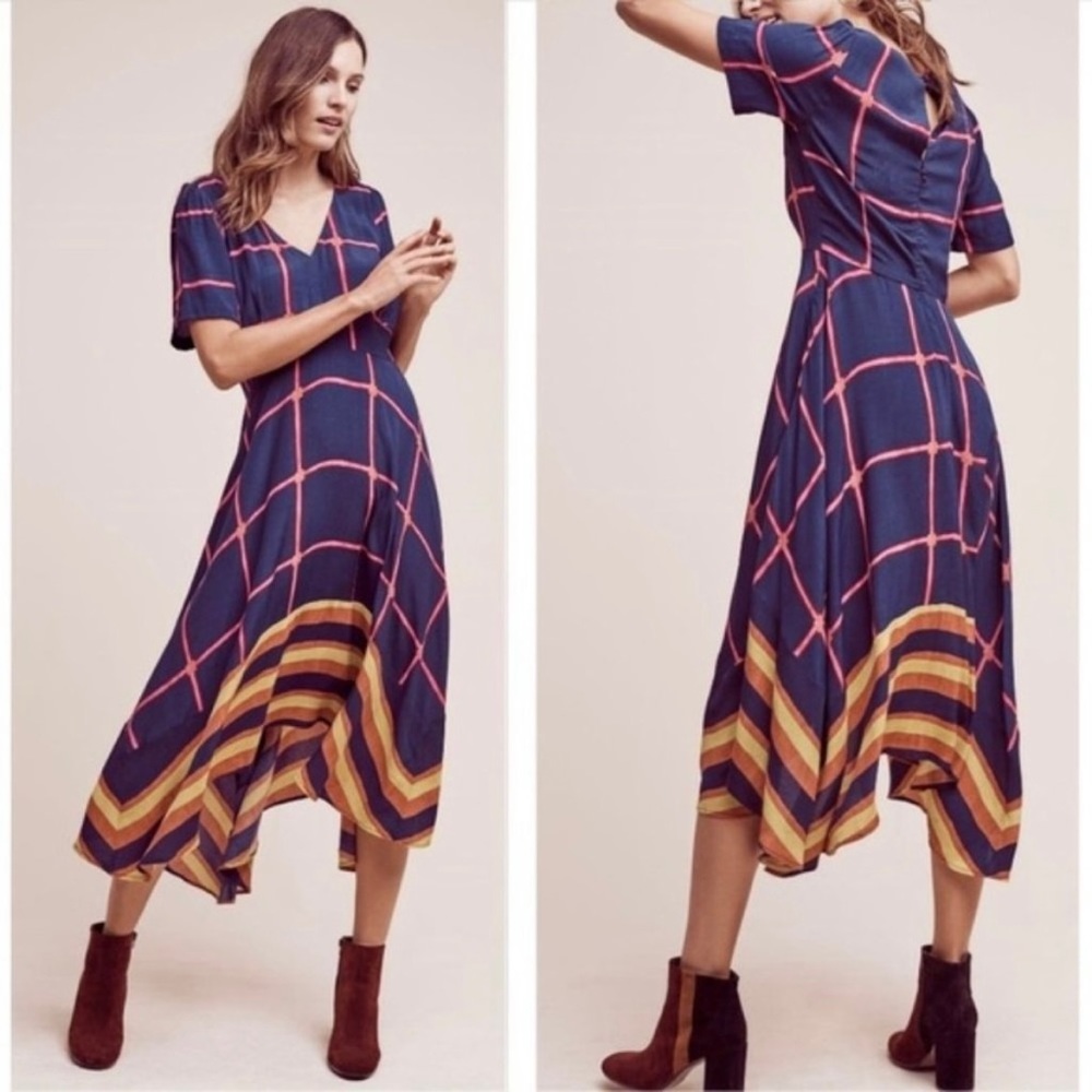 Anthropologie Navy And Pink Geometric Midi Dress Size 8